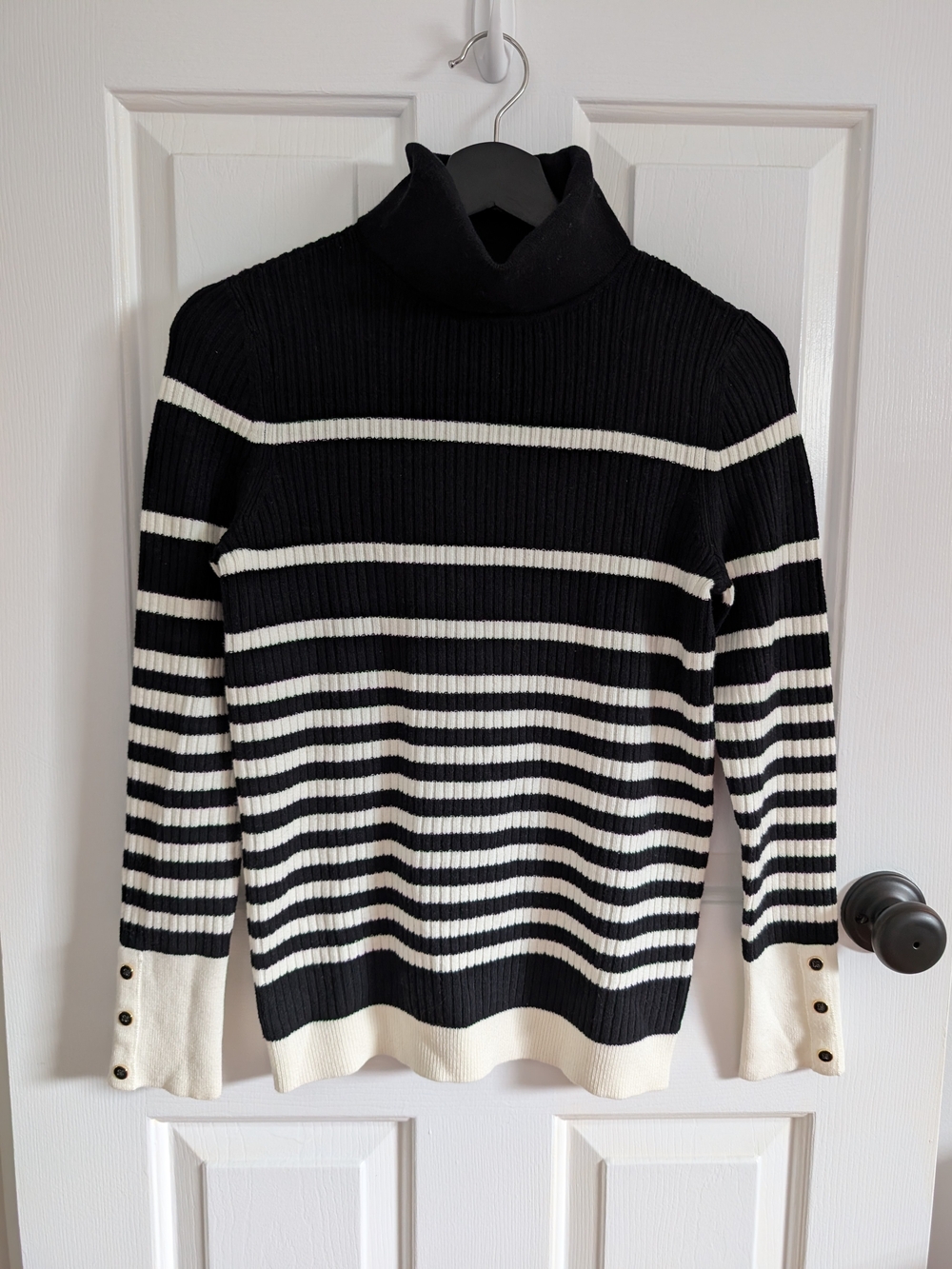 Talbots Women's Black and White Striped Turtleneck Sweater Size Small Petite